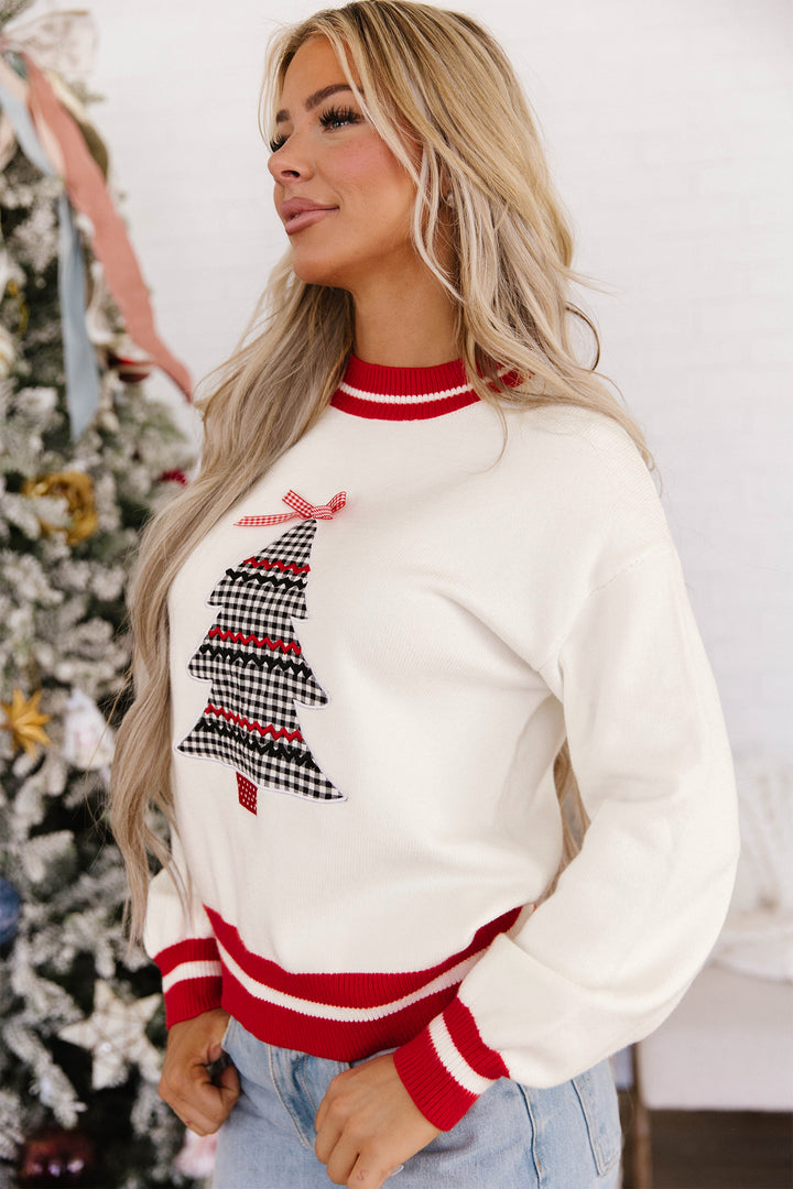 White Christmas Plaid Tree Applique Round Neck Loose Sweater