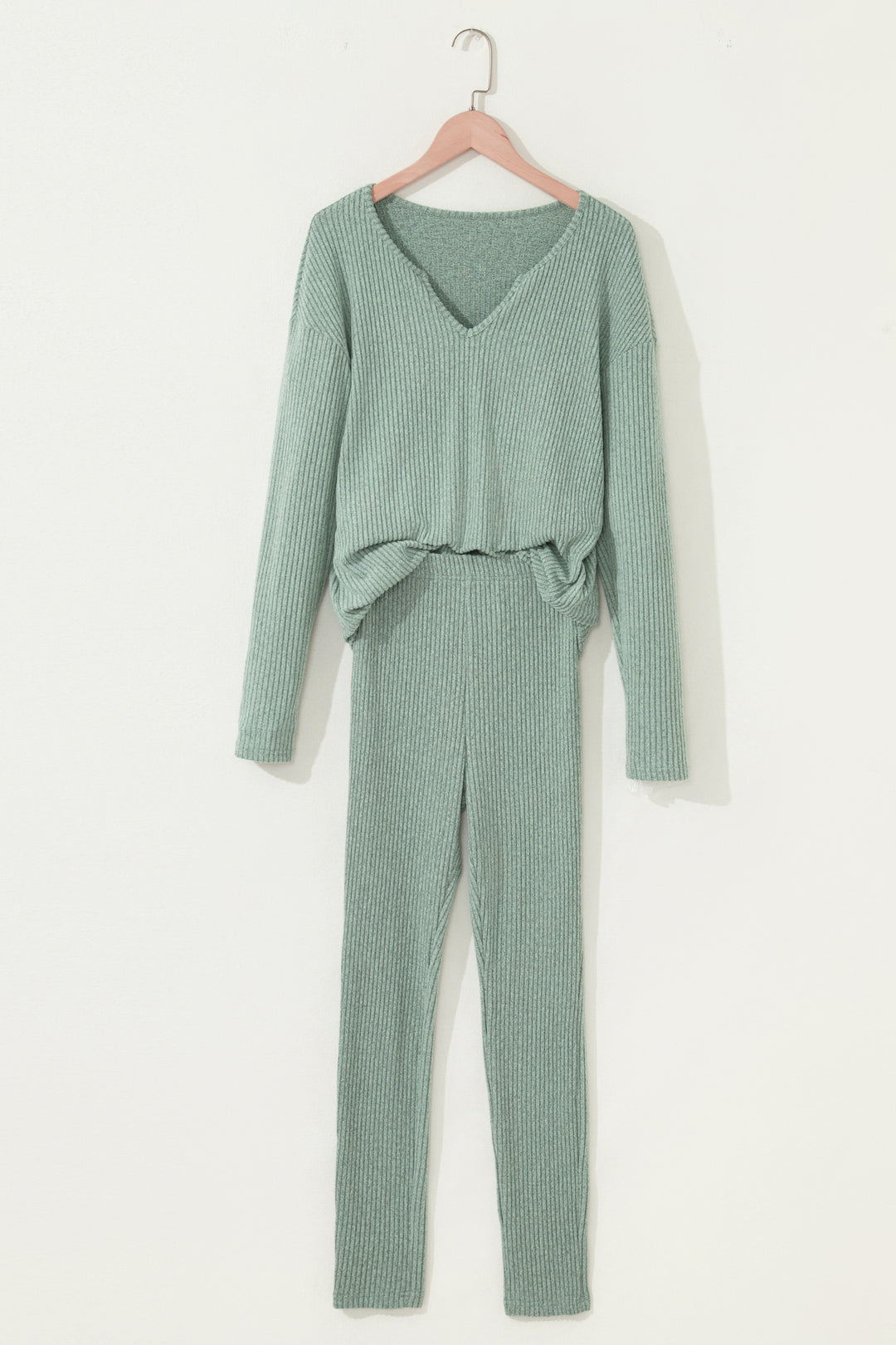 Grass Green Ribbed Notched Neck Knit Long Sleeve Leggings Two Pieces Lounge Set