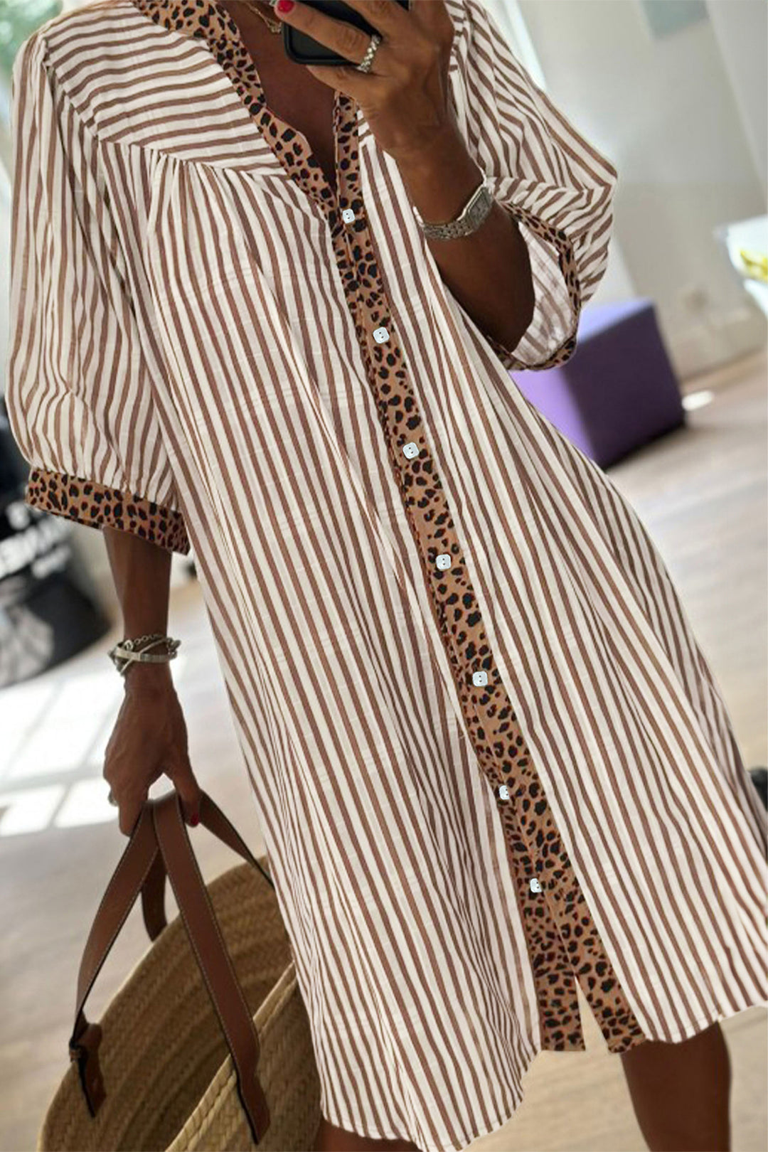 Khaki Stripe Square Button Leopard Trim Loose Bracelet Sleeve Shirt Dress Khaki Stripe Square Button Leopard Trim Loose Bracelet Sleeve Shirt Dress