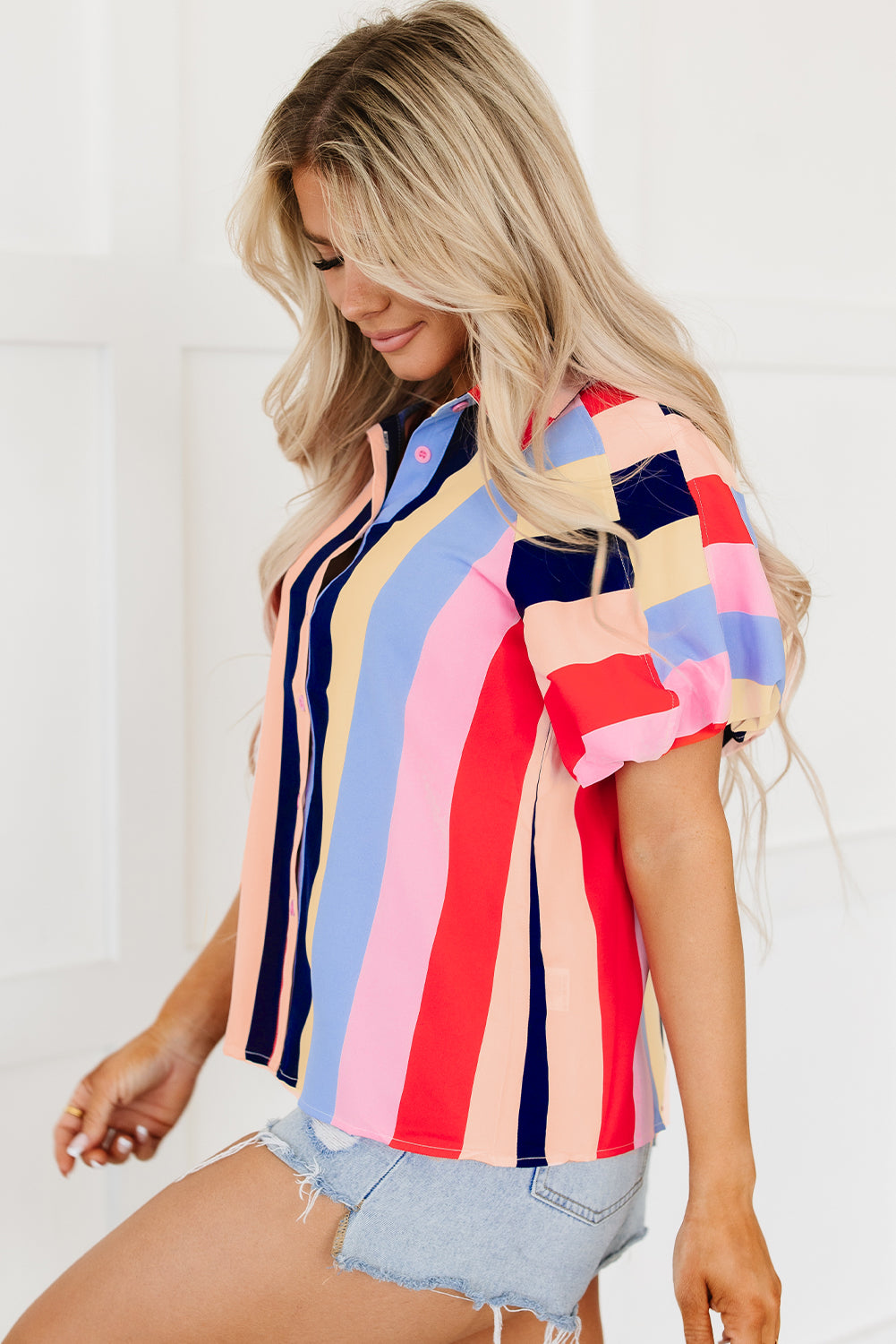 Multicolor Color Block Striped Puff Sleeve Buttoned Shirt