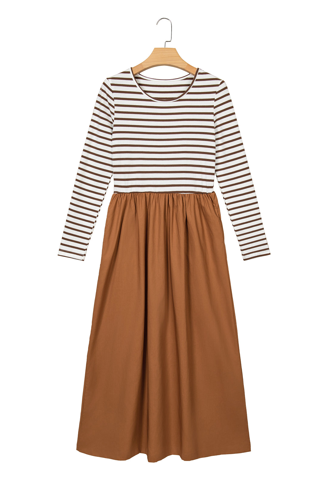 Brown Stripe Ribbed Knit Long Sleeve Bodice Contrast Patchwork Flared Dress