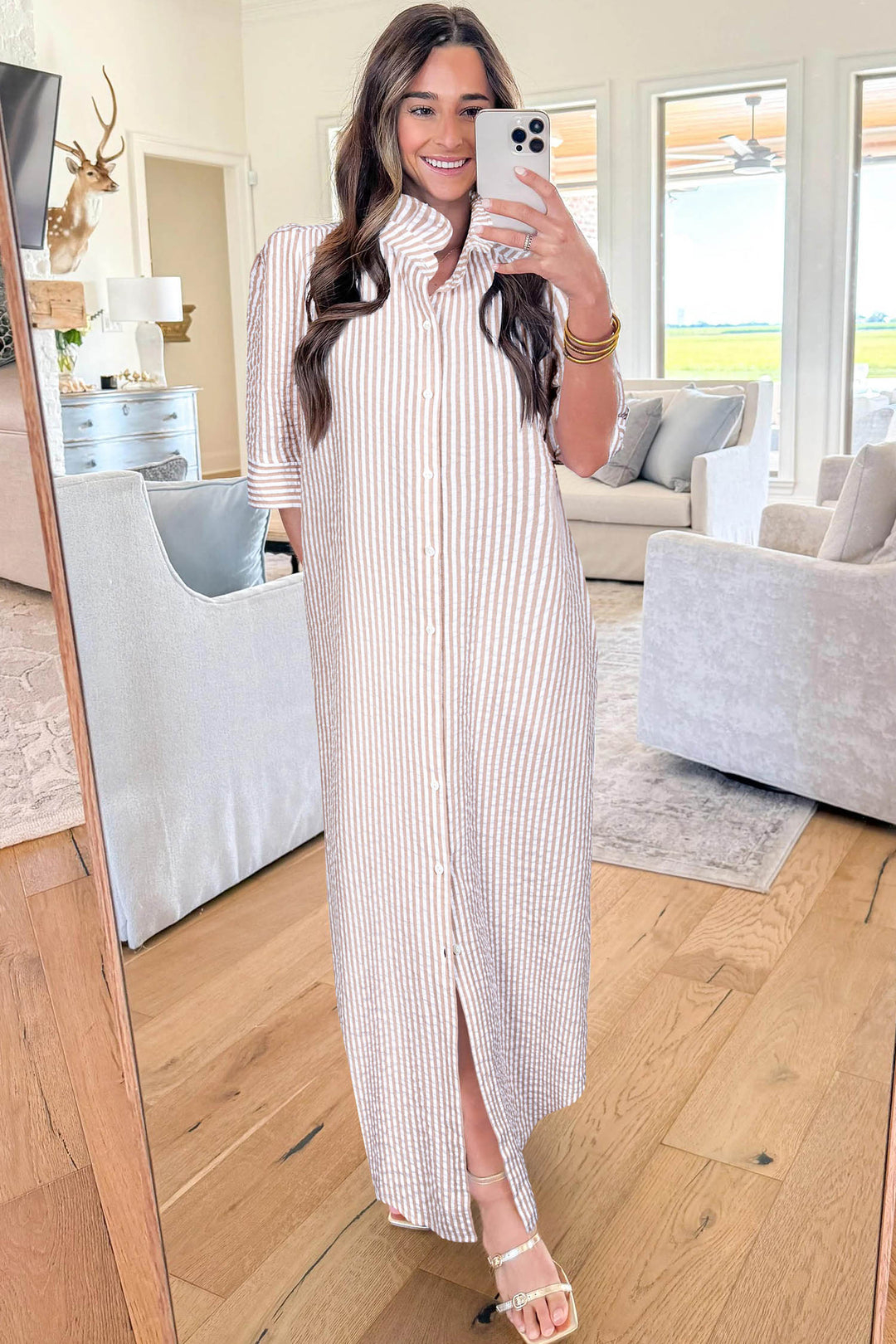 Khaki Stripe Frilled Collar Half Sleeve Shirt Maxi Dress