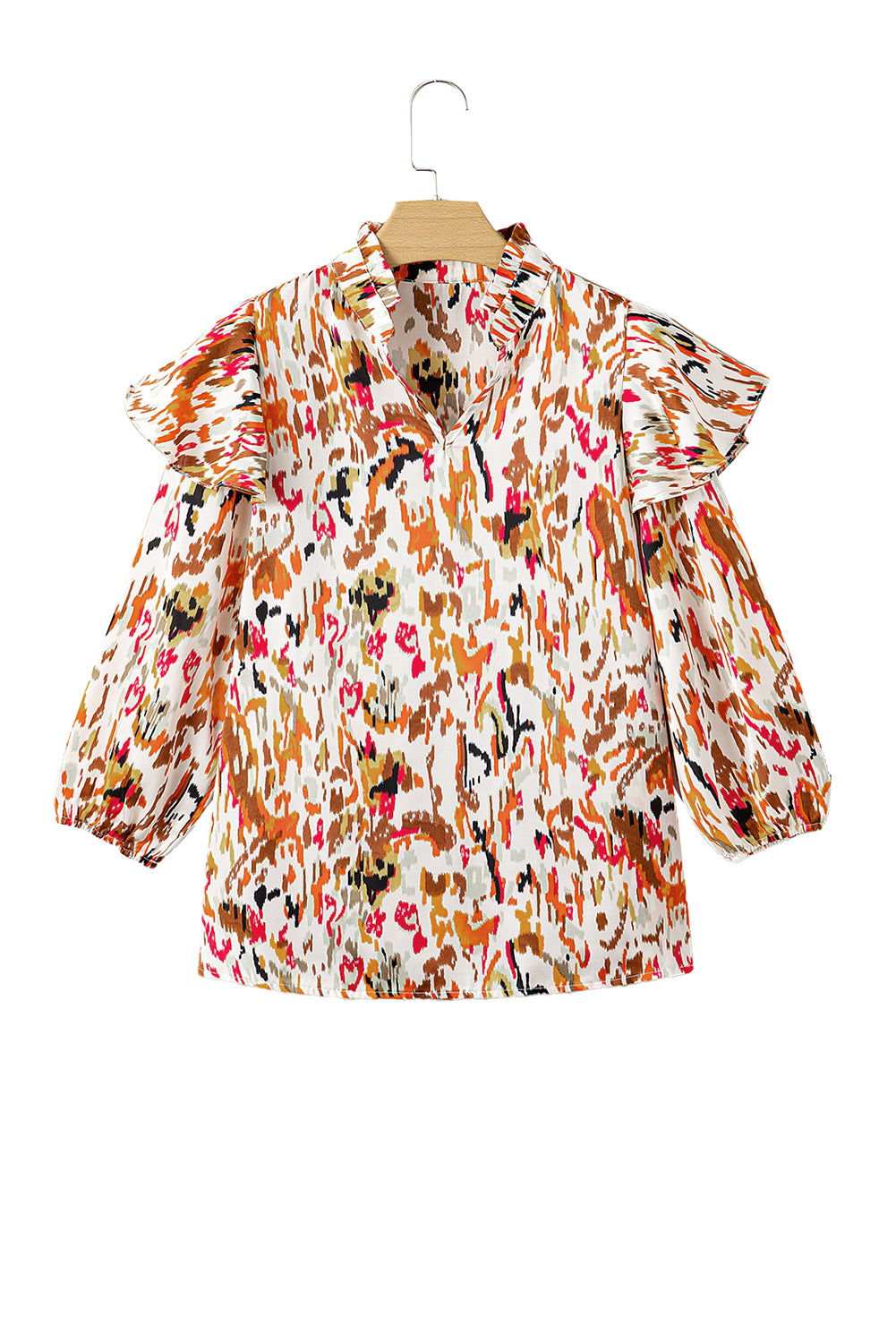 Multicolour Abstract Print 3/4 Puff Sleeve Ruffle Blouse