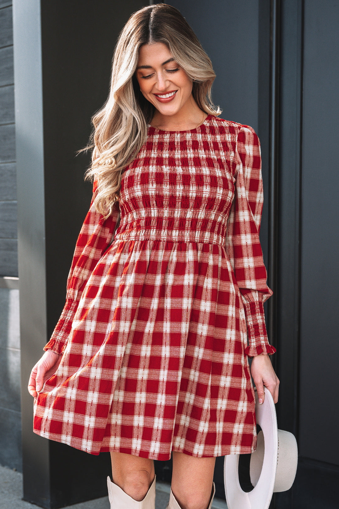 Red Plaid Print Smocked Puff Sleeve Mini Dress