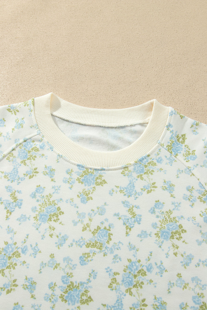 Sky Blue Floral Print Long Sleeve Top Drawstring Wide Leg Pants Set