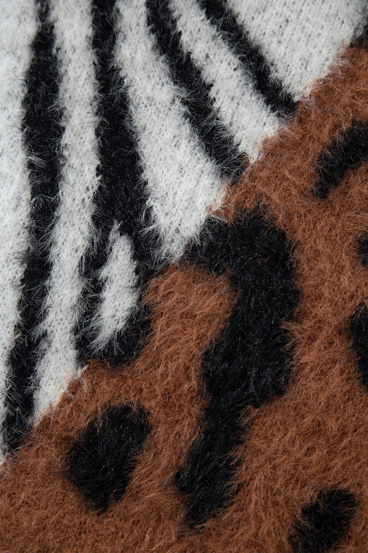 Coffee Western Leopard Zebra Print Long Sleeve Round Neck Sweater