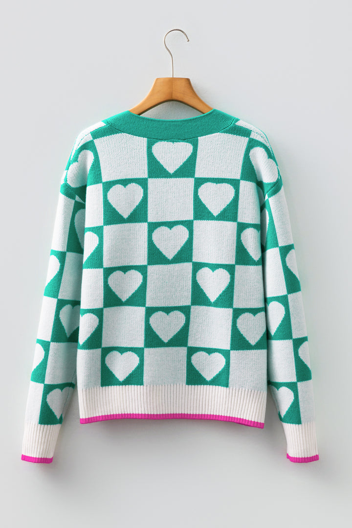 Sea Green Plaid Heart Knit V Neck Button Down Sweater Cardigan