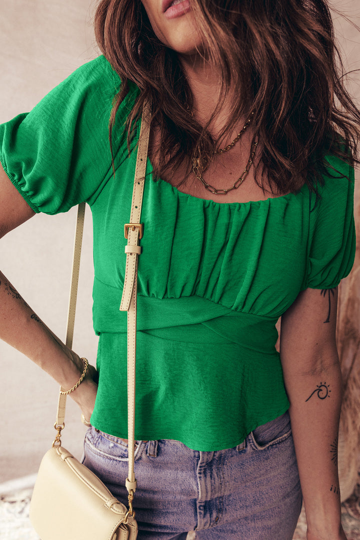 Dark Green Solid Color Ruched Crossed Waist Tied Back Short Sleeve Peplum Top