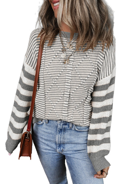 Brown Stripe Geometric Textured Drop Shoulder Sweater