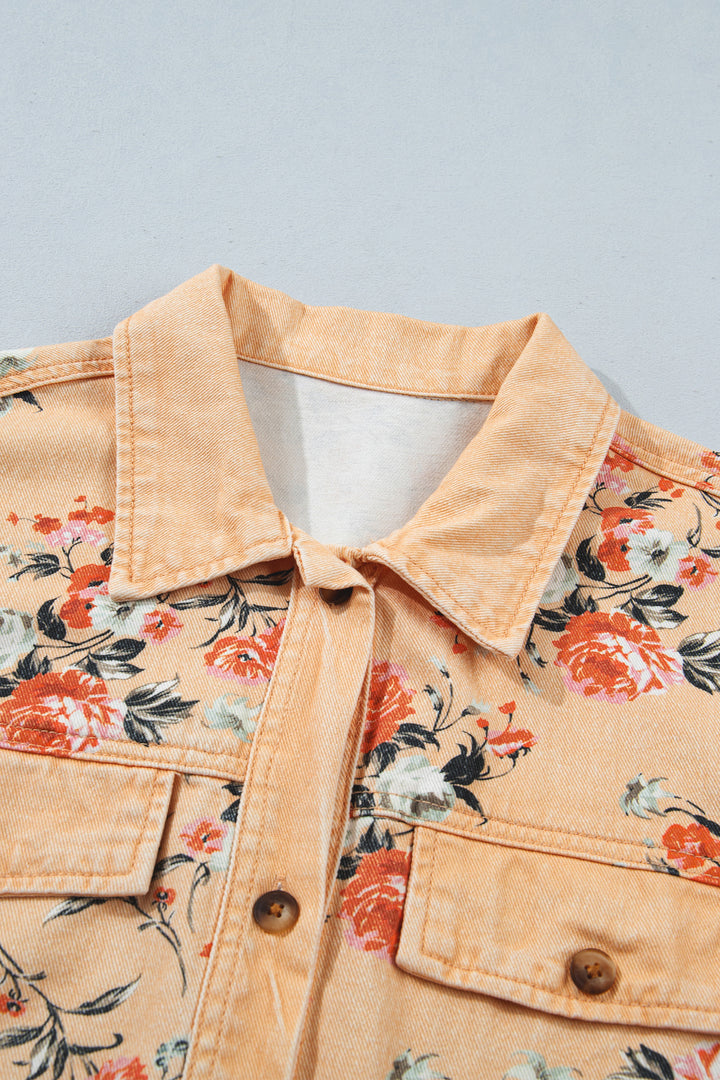 Khaki Floral Print Long Sleeve Denim Jacket Shift Silhouette Tunic Length Casual Daily Wear