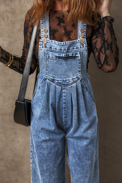 Light Blue Mineral Wash Buttoned Straps Wide Leg Denim Overalls