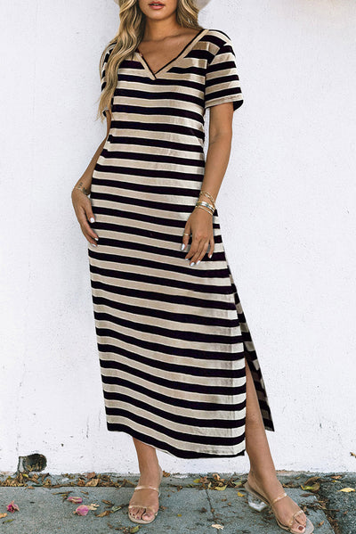 Black Stripe Print V Neck Maxi Dress with Side Splits