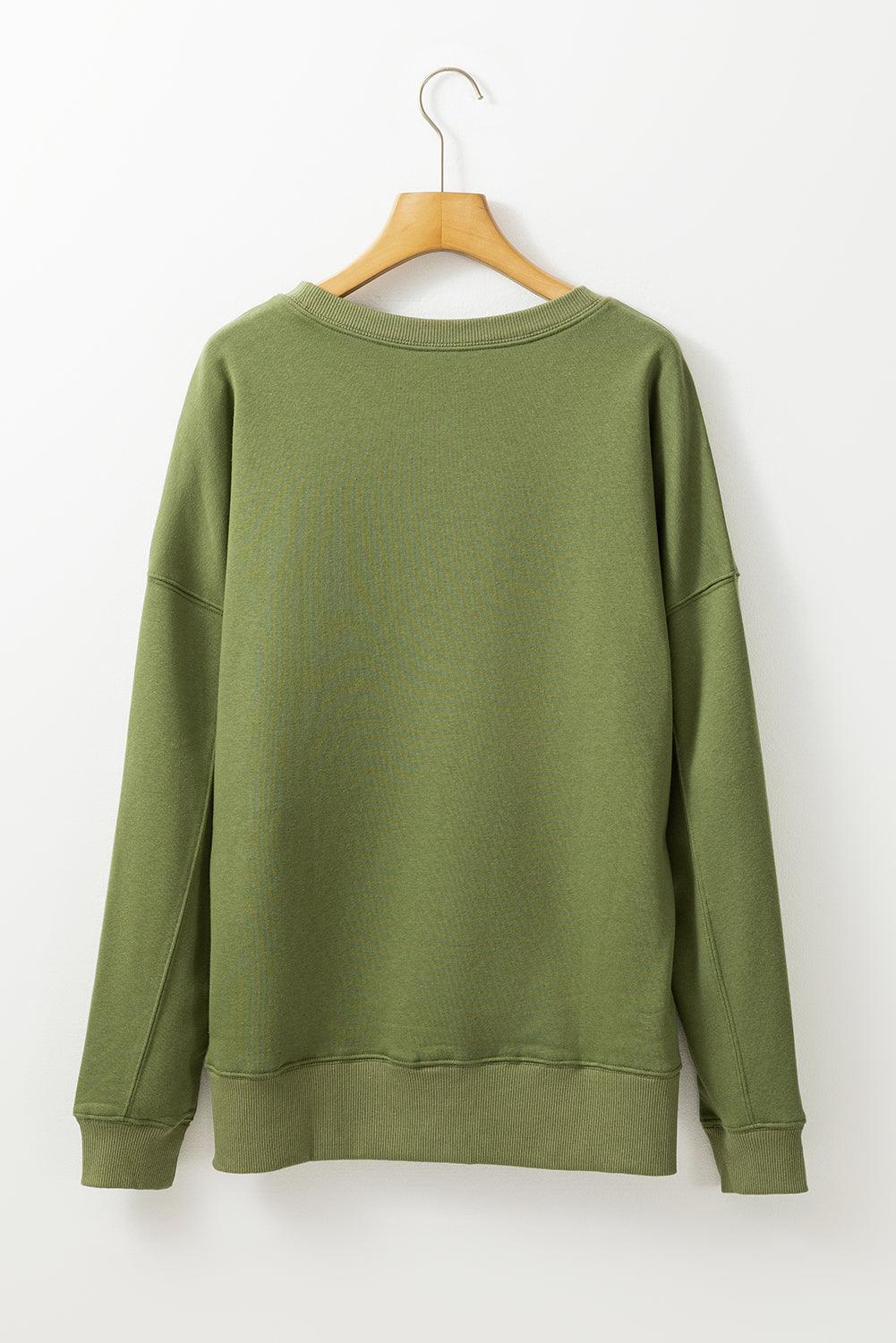 Vineyard Green Drop Shoulder Crisscross Stitching Pocketed Loose Sweatshirt