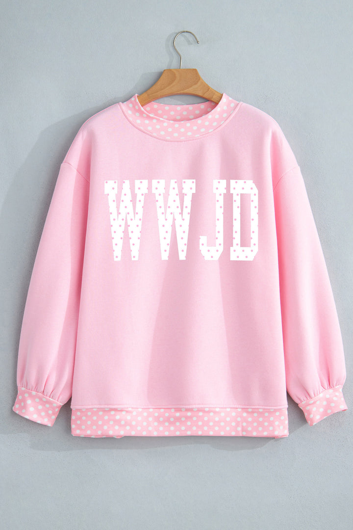 Pink Polka Dot Letter Print Mock Neck Pullover Sweatshirt