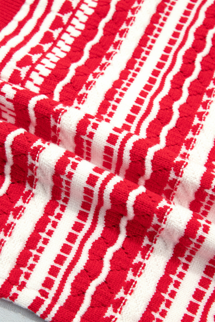 Red Geometric Striped Pattern V Neck Button Front Casual Knit Cardigan