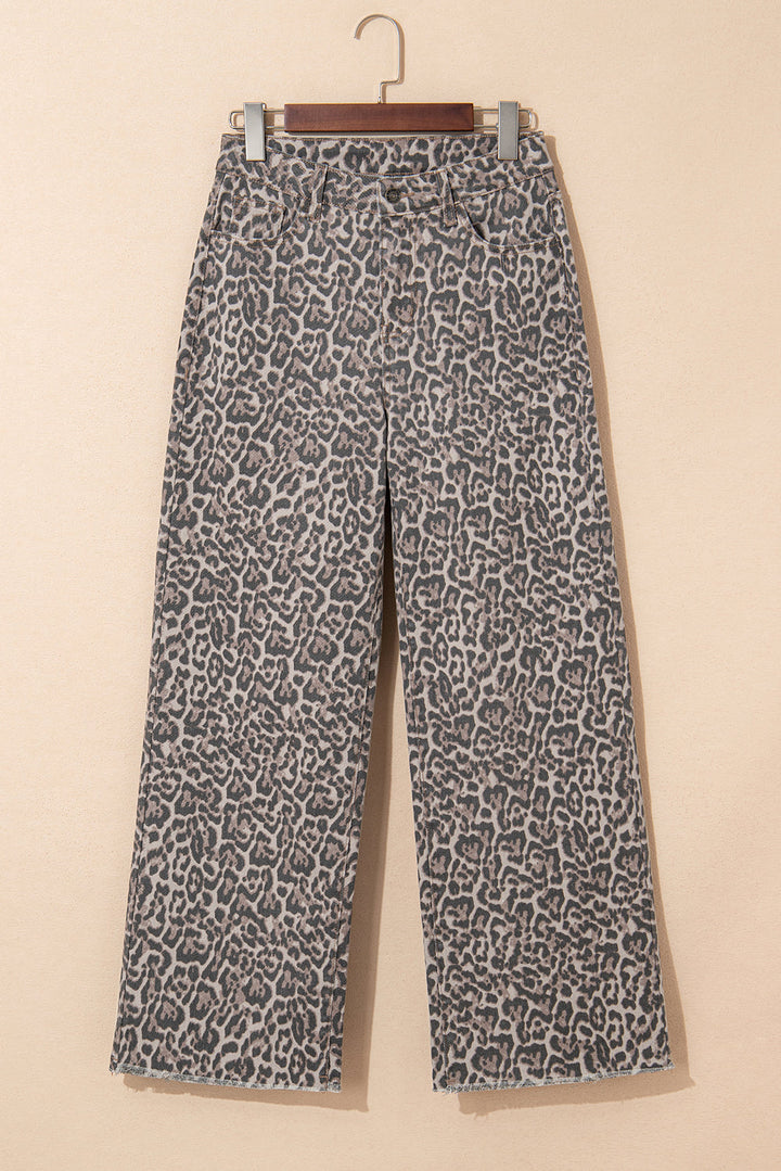Brianna Leopard Frayed Edge Wide Leg High Waist Jeans