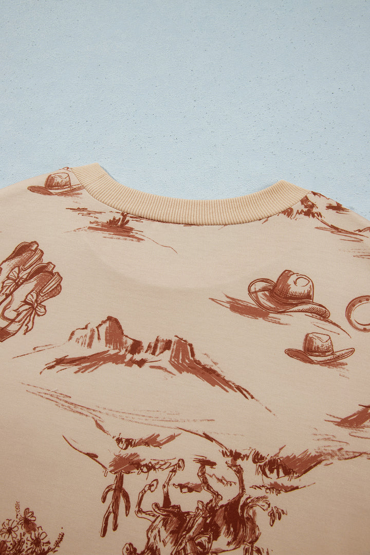 Beige Western Print Loose Fit Long Sleeve Top Short Set