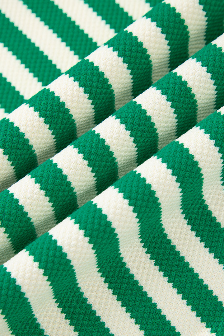 Green Stripe Puff Short Sleeve Patchwork V Neck Blouse