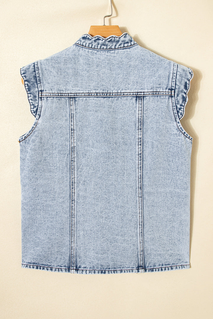 Beau Blue Scalloped Trim Patch Pocket Button Front Denim Vest