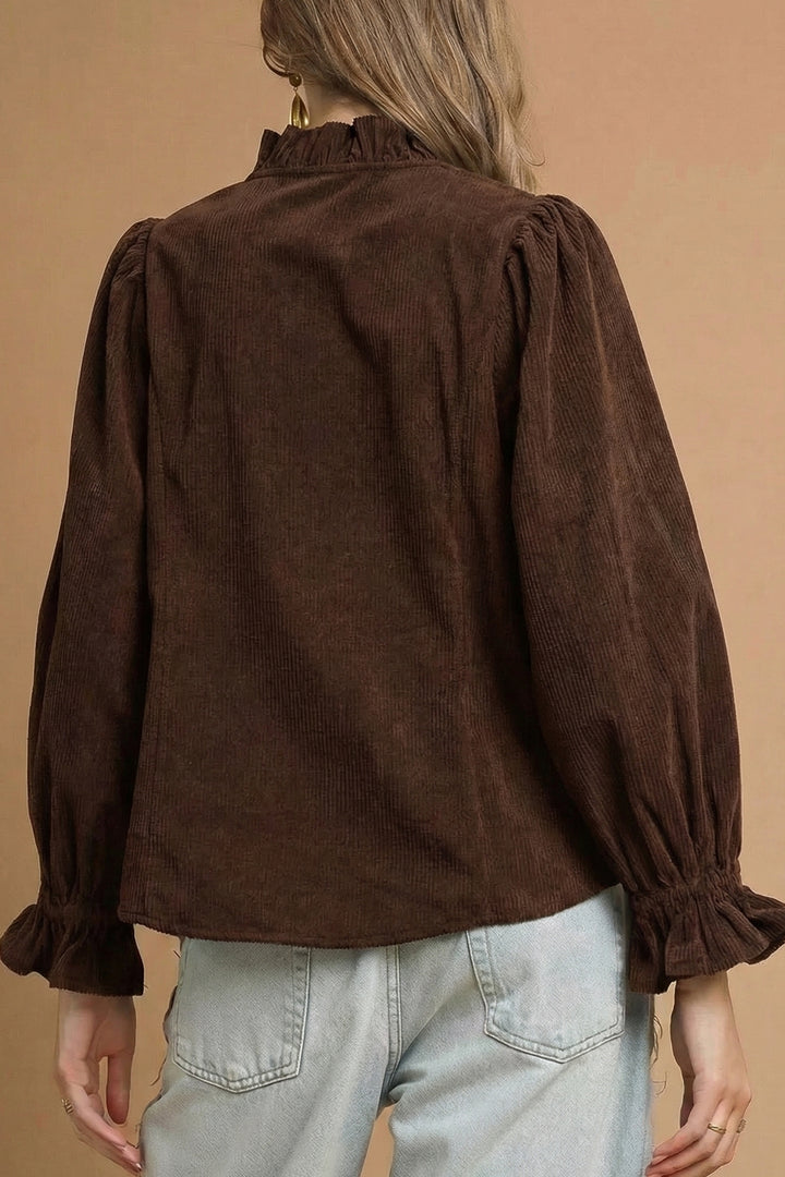 Coffee Solid Color Ruffle Trim V Neck Long Sleeve Button Corduroy Shakcet