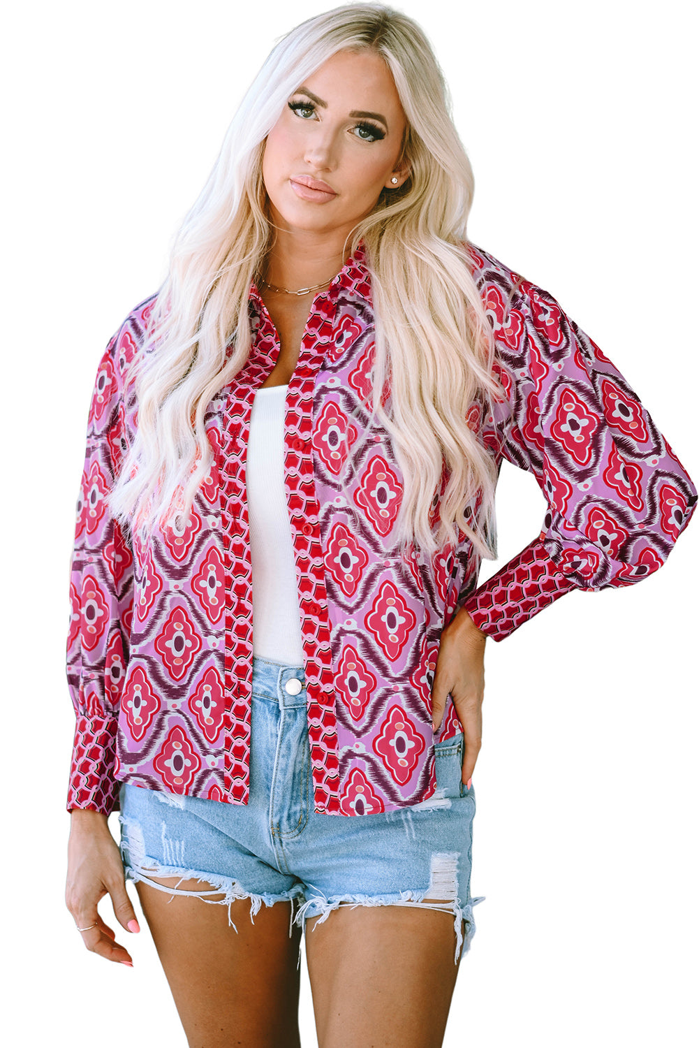 Rose Abstract Print Button Up Long Sleeve Shirt