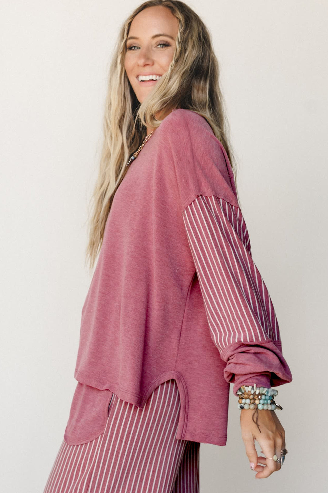 Fushia Raw Seam Patchwork Long Sleeve Top Pocket Casual Pants 2pcs Set