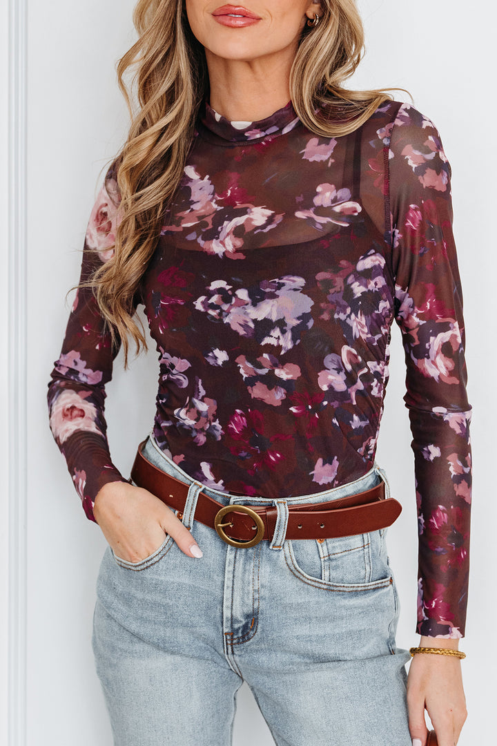 Brown High Neck Ruched Floral Mesh Top