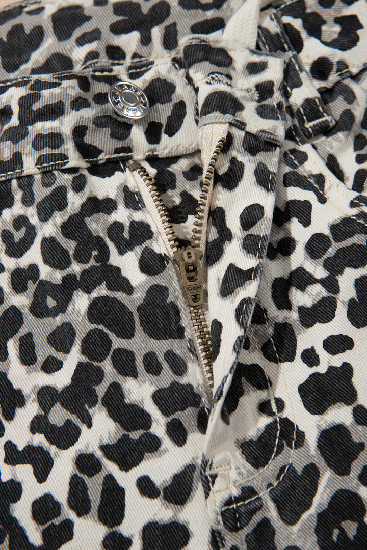 Khaki Leopard Print Drawstring Waist Straight Leg Jeans