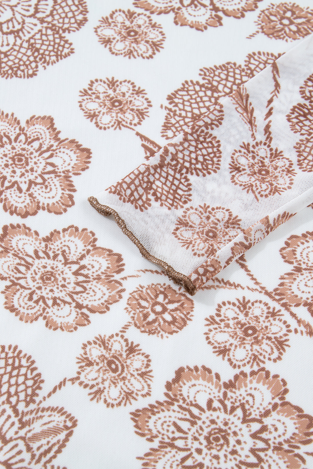 Brown Thumbhole Long Sleeve Floral Print Mesh Top