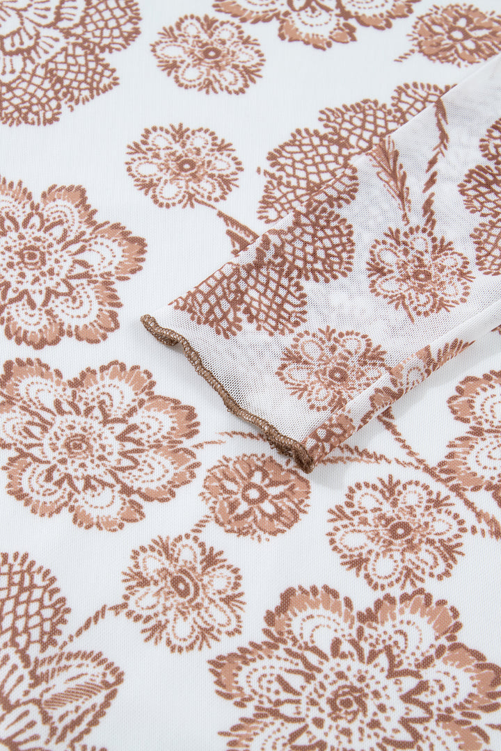Brown Thumbhole Long Sleeve Floral Print Mesh Top