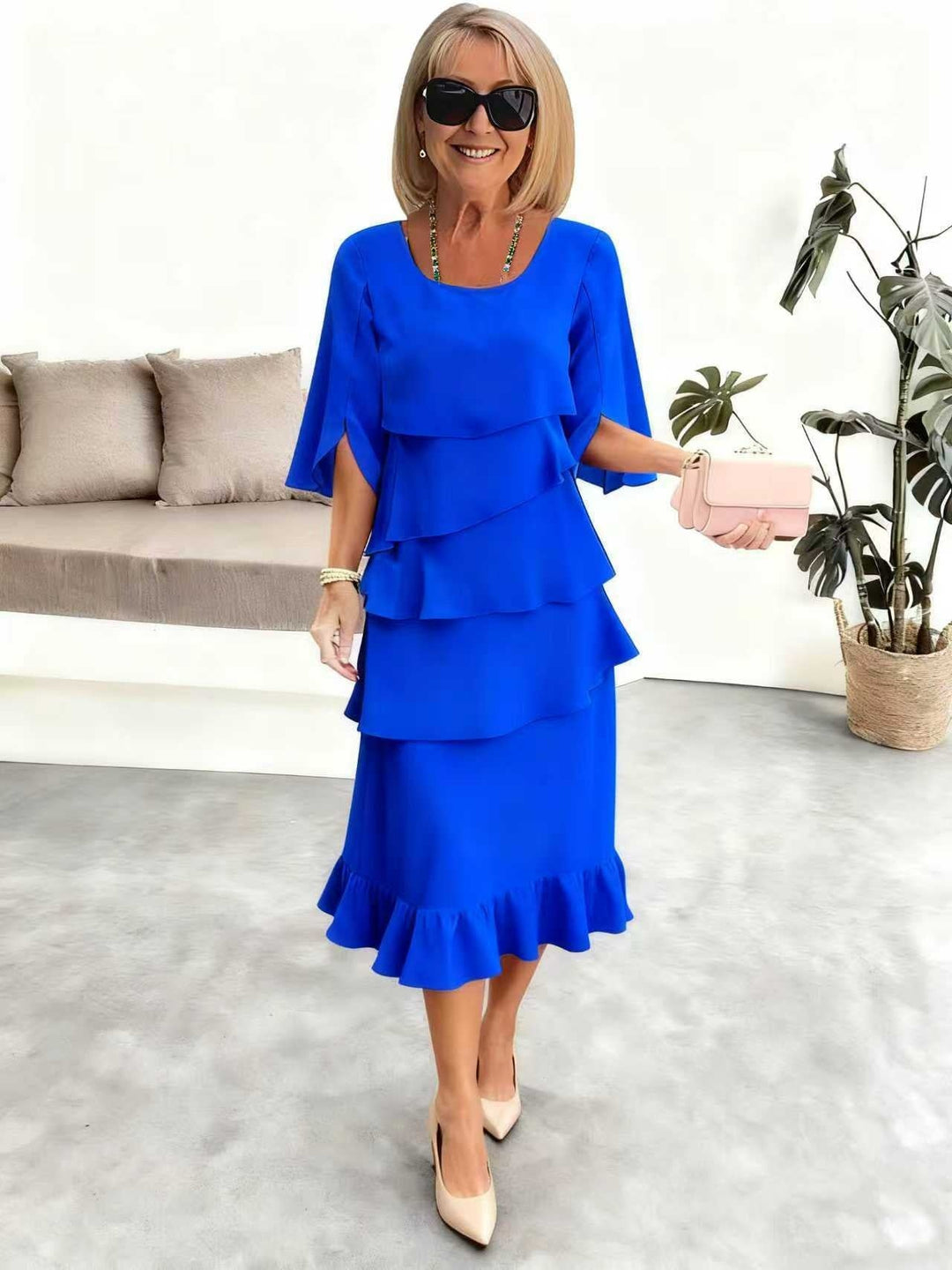 Patchwork Cake Midi Dress – Round Neck Short Sleeve Tiered Skirt