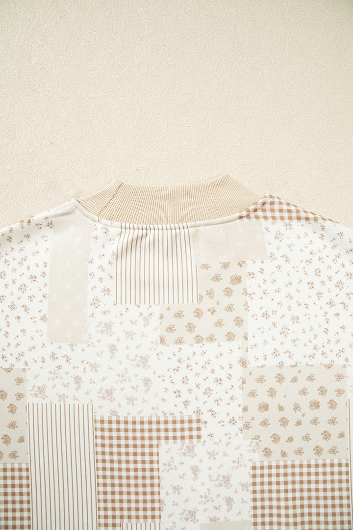 Sky Blue Patchwork Floral Print Mock Neck Long Sleeve Sweatshirt