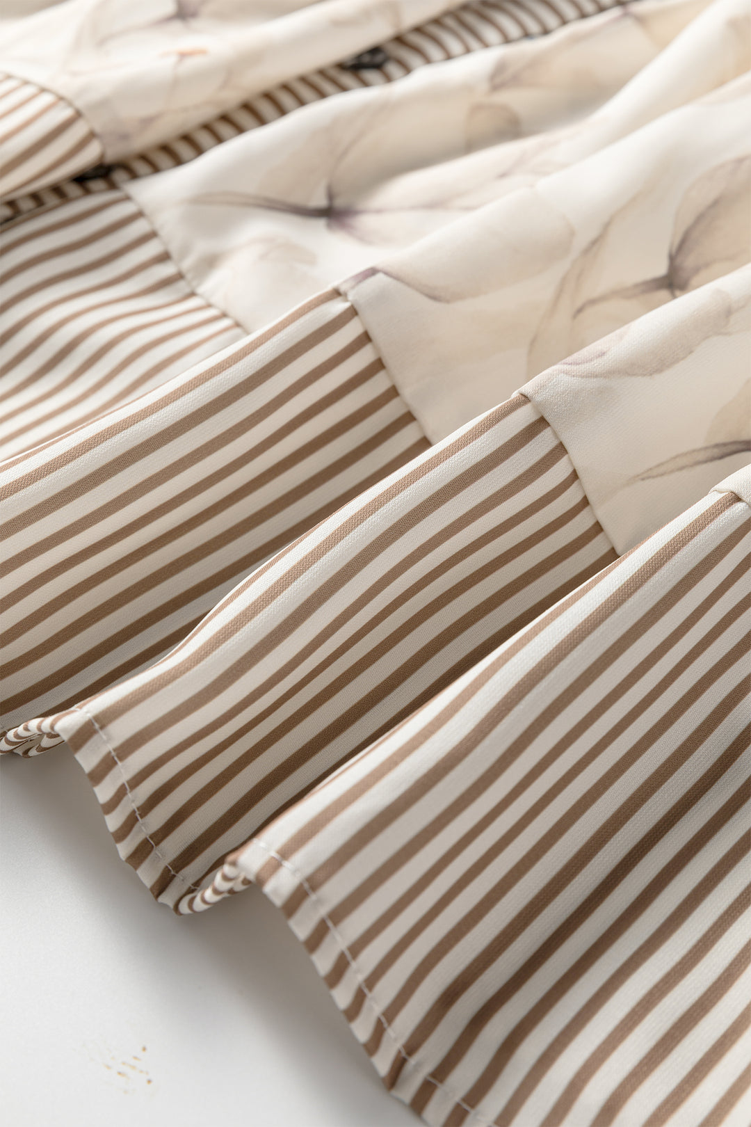 Khaki Plus Size Floral Print Striped Trim Patchwork Button Down A-line Dress