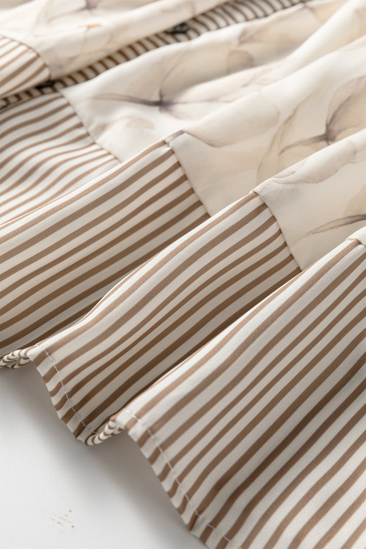 Khaki Plus Size Floral Print Striped Trim Patchwork Button Down A-line Dress