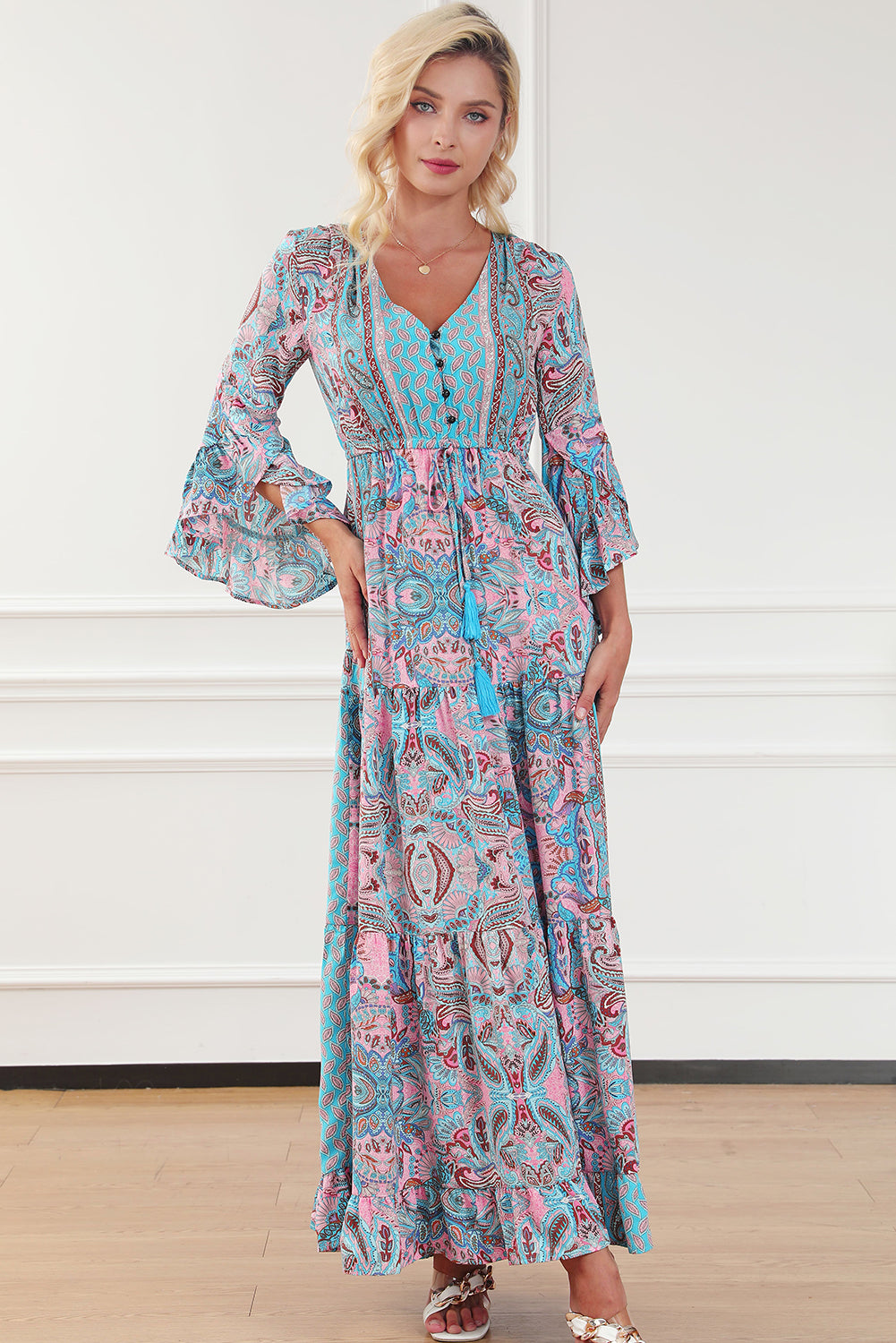 Paisley Printed Ruffle Trim Elegant Maxi Dress