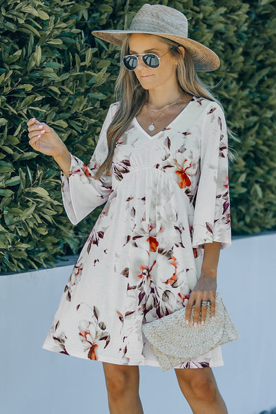 White V Neck 3/4 Sleeve Floral Dress