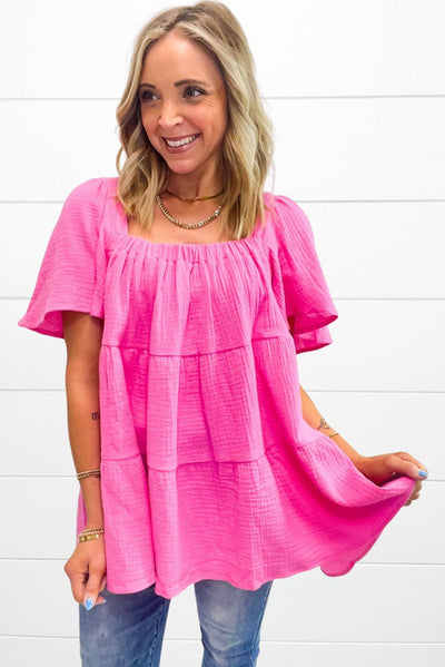 Bright Pink Textured Square Neck Flutter Sleeve Tiered Flowy Blouse