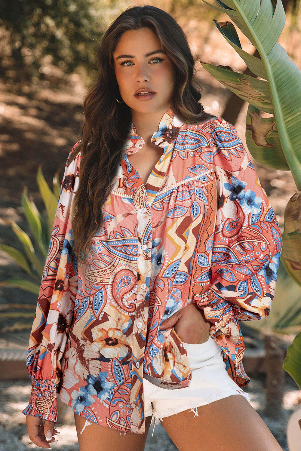 Orange Floral Print Shirred Cuff Buttoned Loose Shirt