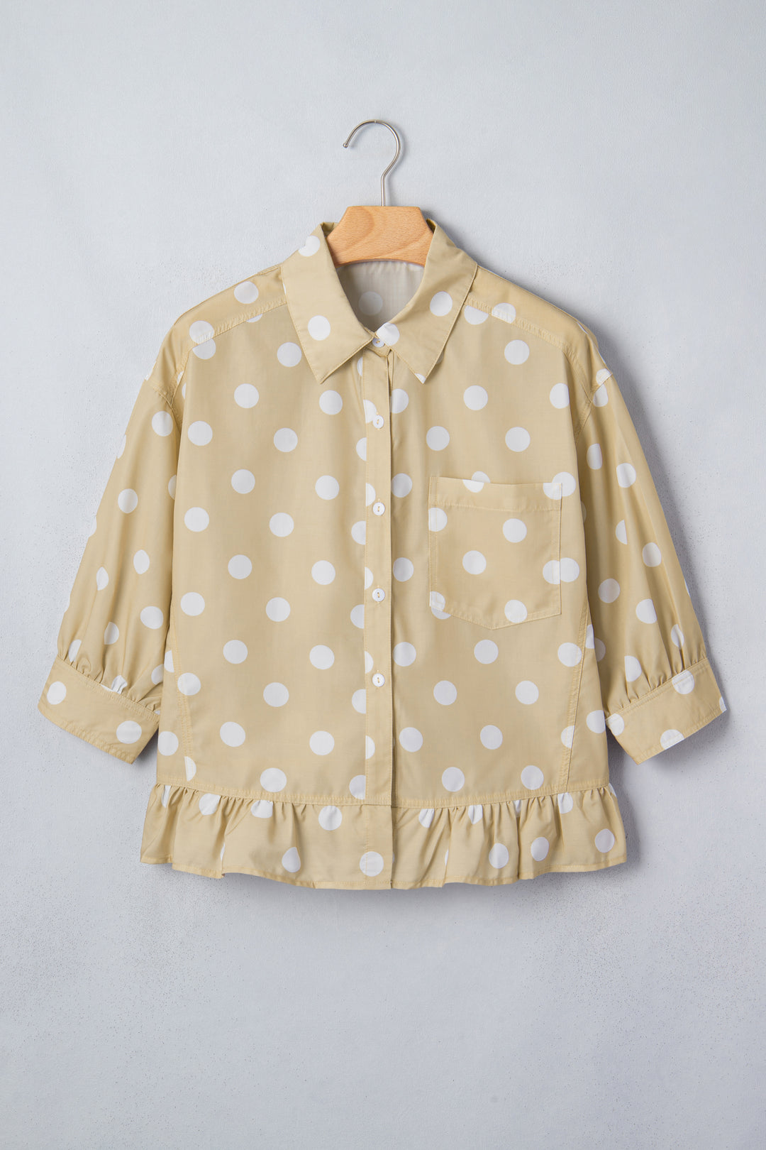 White Polka Dot Print Three Quarter Sleeve Ruffle Hem Casual Shirt