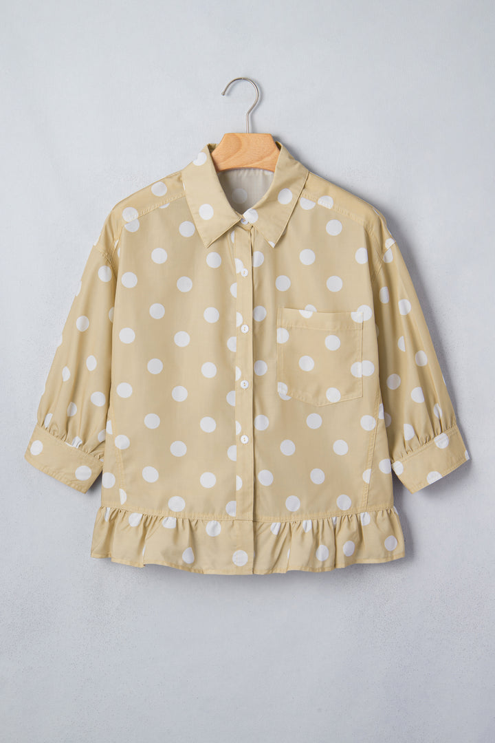 White Polka Dot Print Three Quarter Sleeve Ruffle Hem Casual Shirt