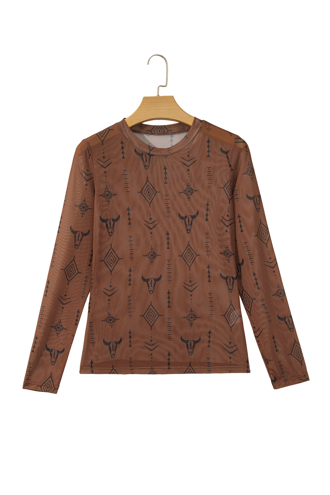 Chestnut Retro Western Print Mesh Long Sleeve Sheath Top