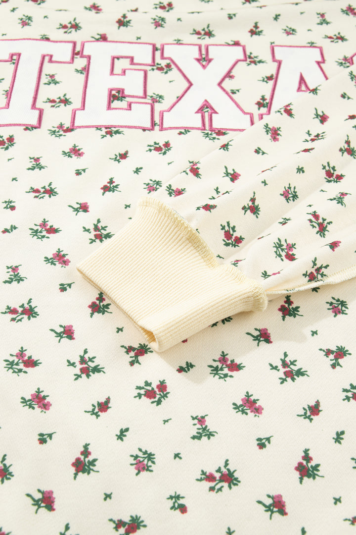 Beige Floral Print Stand Neck Long Sleeve Slogan Sweatshirt