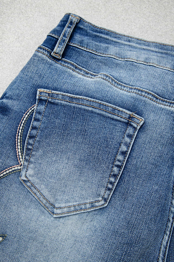 Blue Western Embroidered Flare Full Length Jeans