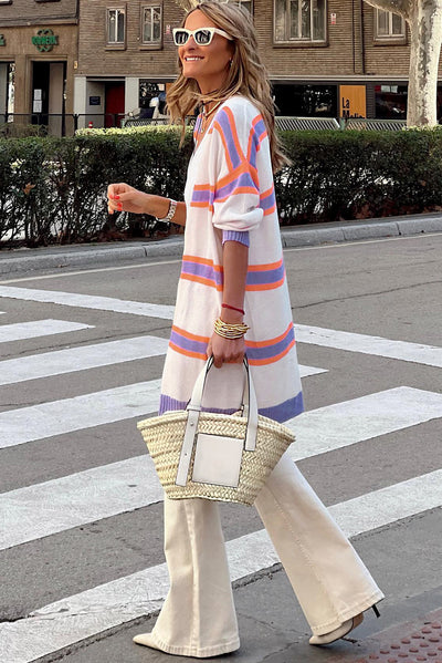 Multicolor Striped Long Sleeve Ribbed Trim Button Cardigan