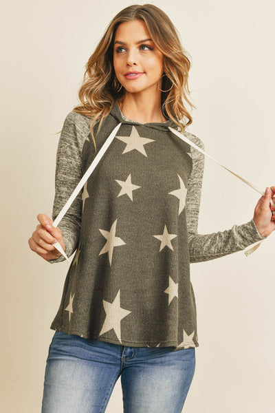 Brushed Hacci Sleeve Rib Detail Star Print Hoodie With Drawstring