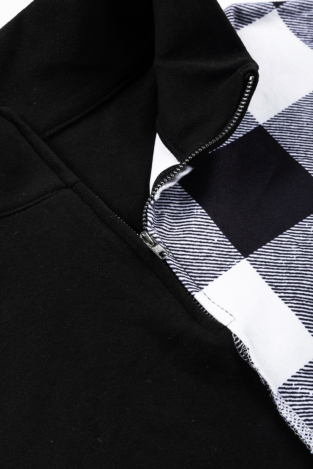 Black Checkboard Patchwork Exposed Stitching Collared Top