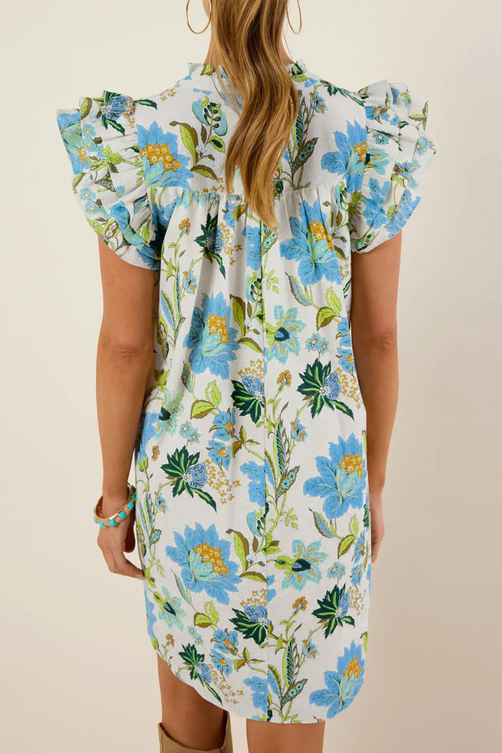 Beige Floral Print V Neck Triple Ruffle Short Sleeve Shift Mini Dress