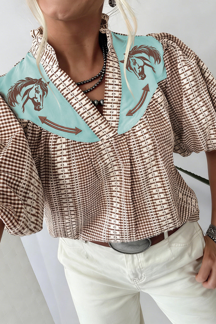 Red Western Pony Embroidered Yoke Puff Sleeve Gingham Blouse