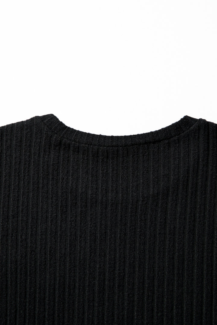 Black Ribbed Texture Round Neck Long Sleeve Rounded Hem Knit Top