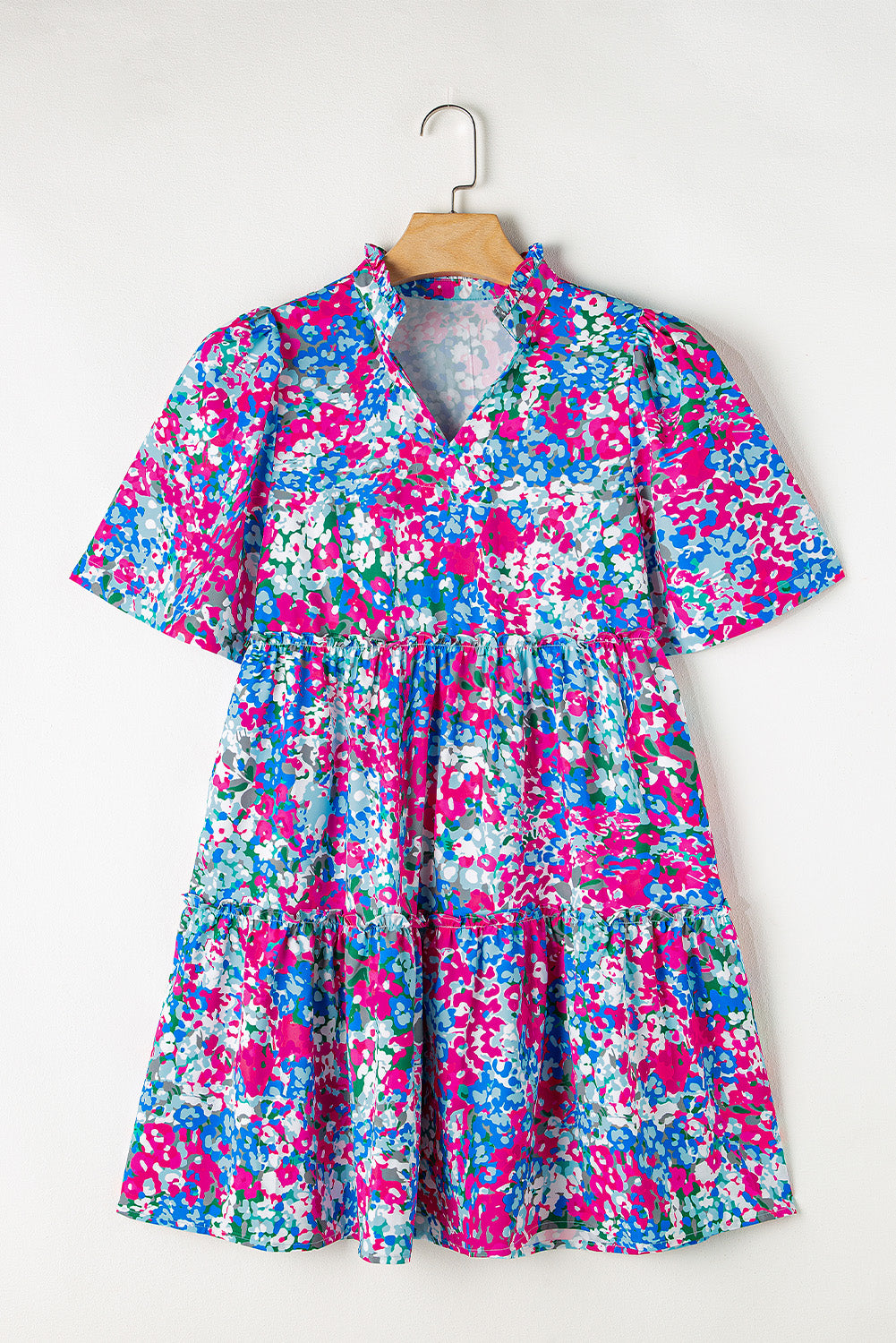 Multicolour Floral Short Sleeve V Neck Tiered Mini Dress